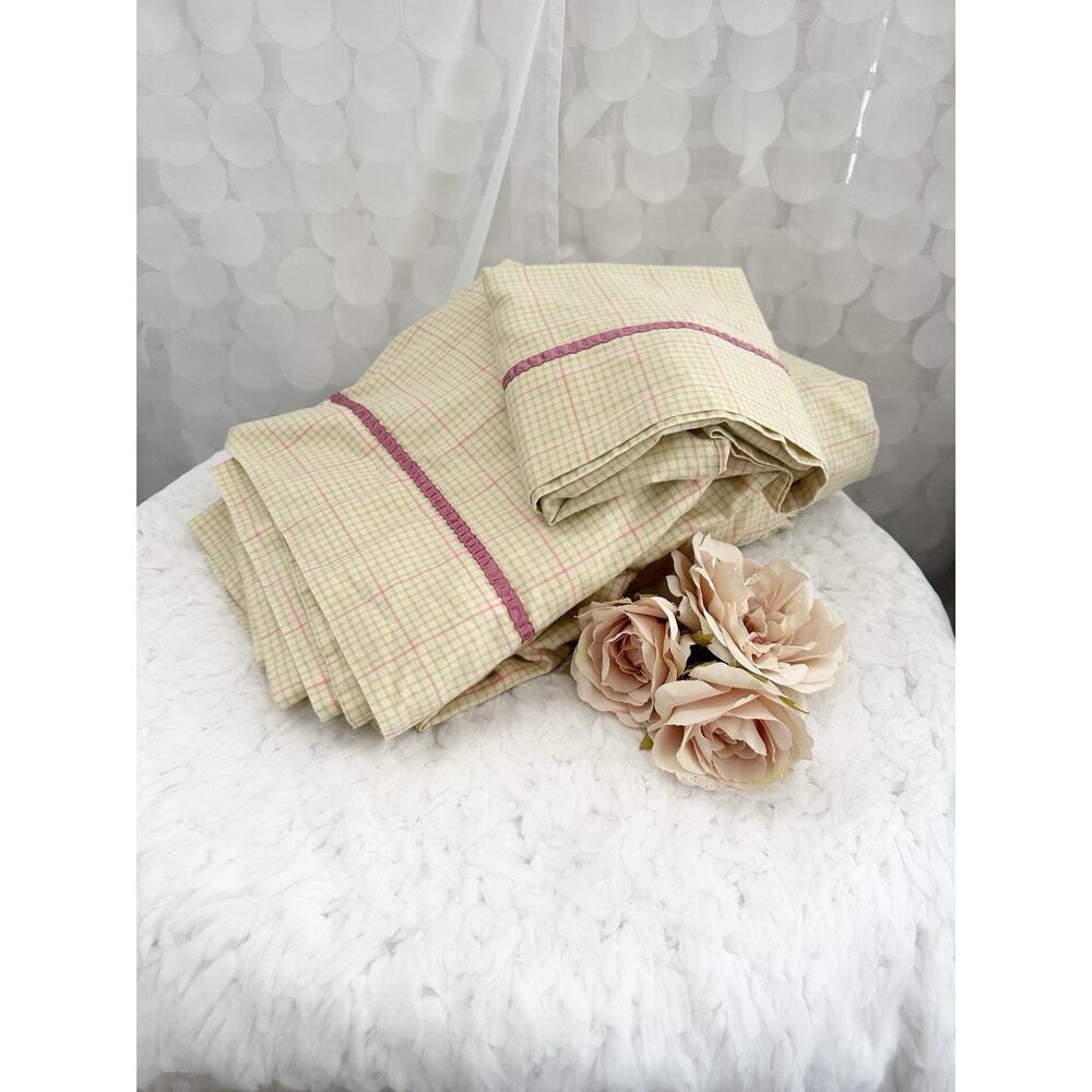 VTG Croscill FULL SIZE Sheet Pink Green Gingham Cottage Country Three-Piece Set